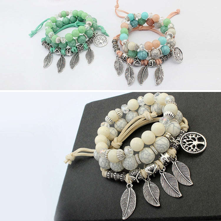 Vintage Ethnic Elasticity Marble Beads Bracelet Boho Leaves Bangle Bracelet, Blue, Colorful, Gree...