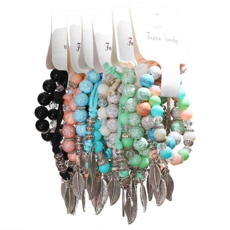 Vintage Ethnic Elasticity Marble Beads Bracelet Boho Leaves Bangle Bracelet, Blue, Colorful, Gree...