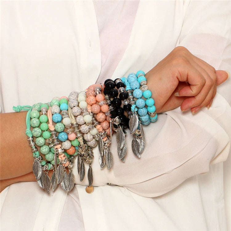 Vintage Ethnic Elasticity Marble Beads Bracelet Boho Leaves Bangle Bracelet, Blue, Colorful, Gree...