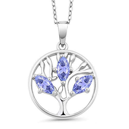 925 Sterling Silver Gemstone Birthstone Marquise Tree of Life Pendant Necklace For Women With 18 ...