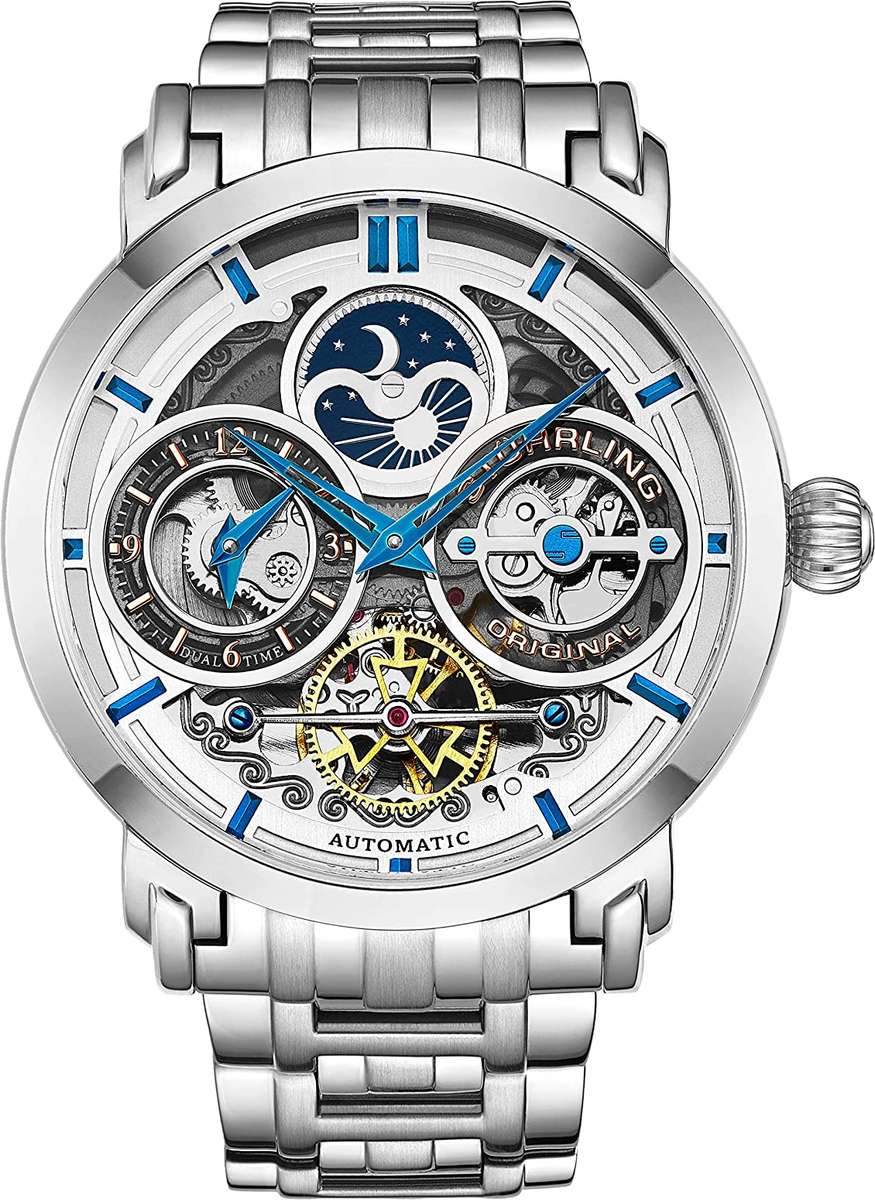 Stuhrling Original Mens Watch Stainless Steel Automatic, Silver Skeleton Dial 371B.01