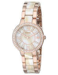 Fossil Ladies ES3716 Virginia Three-Hand Stainless Steel Watch in Rose Gold Tone with Horn Acetate