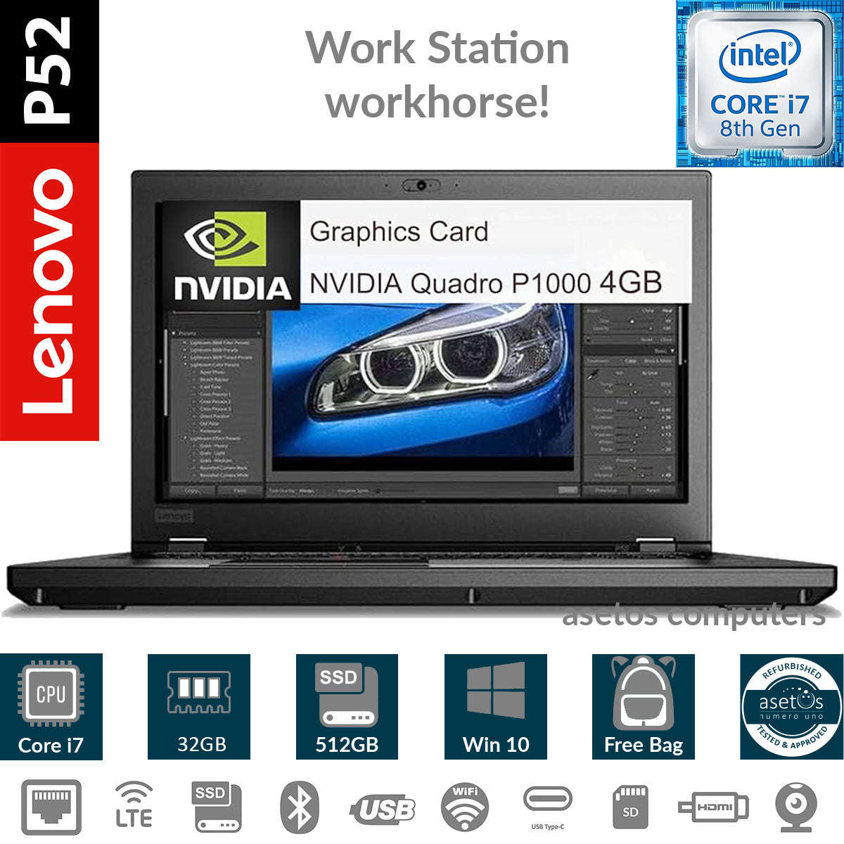 Lenovo ThinkPad P52 Intel Core i7-8850H, 32GB RAM, 512GB SSD, 15.6" Anti-Glare FHD (1920x1080) Wi...