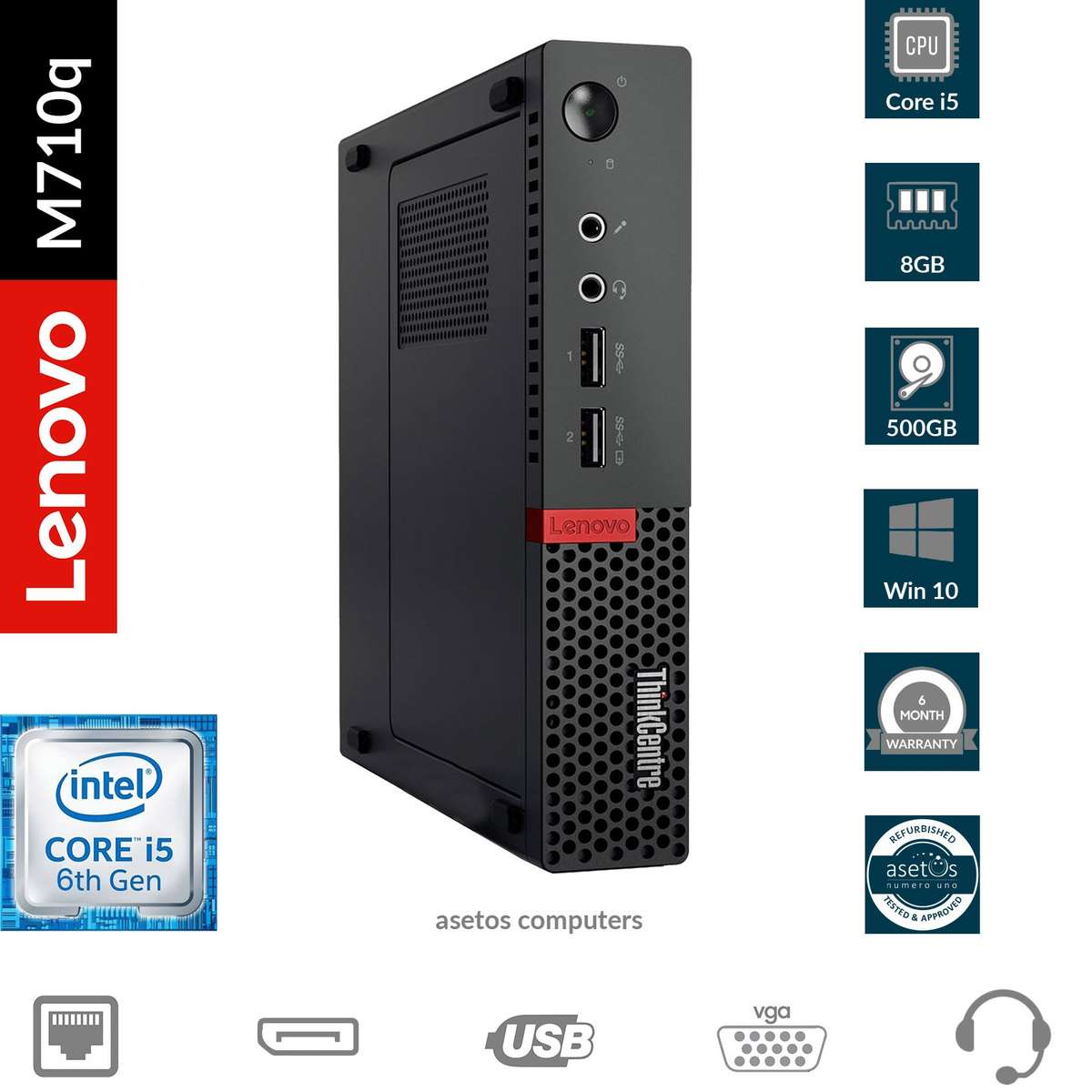 Lenovo ThinkCentre M710q Tiny Desktop:Core i5-6400T, 8GB Mem, 500GB HDD,  Win 10 Pro  (Used)