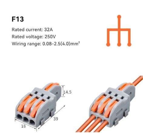 F13 3 into 1 32Amp 250v Pin Splitter Out Fast Push-in Electrical Connector Terminal Block (10006978)