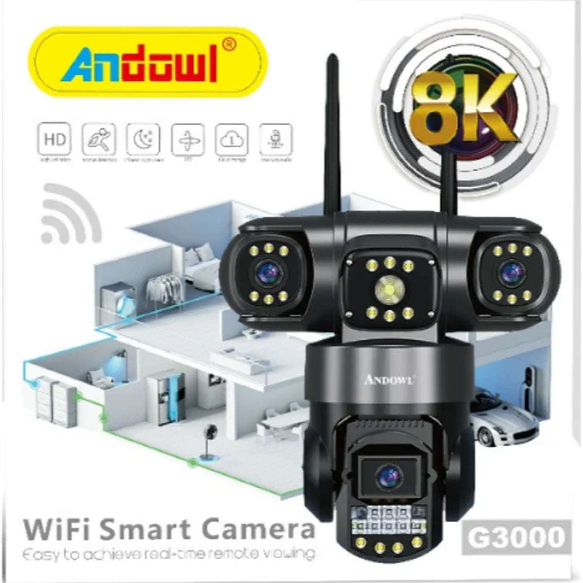 Andowl G3000 WiFi PTZ IP 8K 12MP Security Camera with Triple Lens, Triple Screen, Motion Detectio...