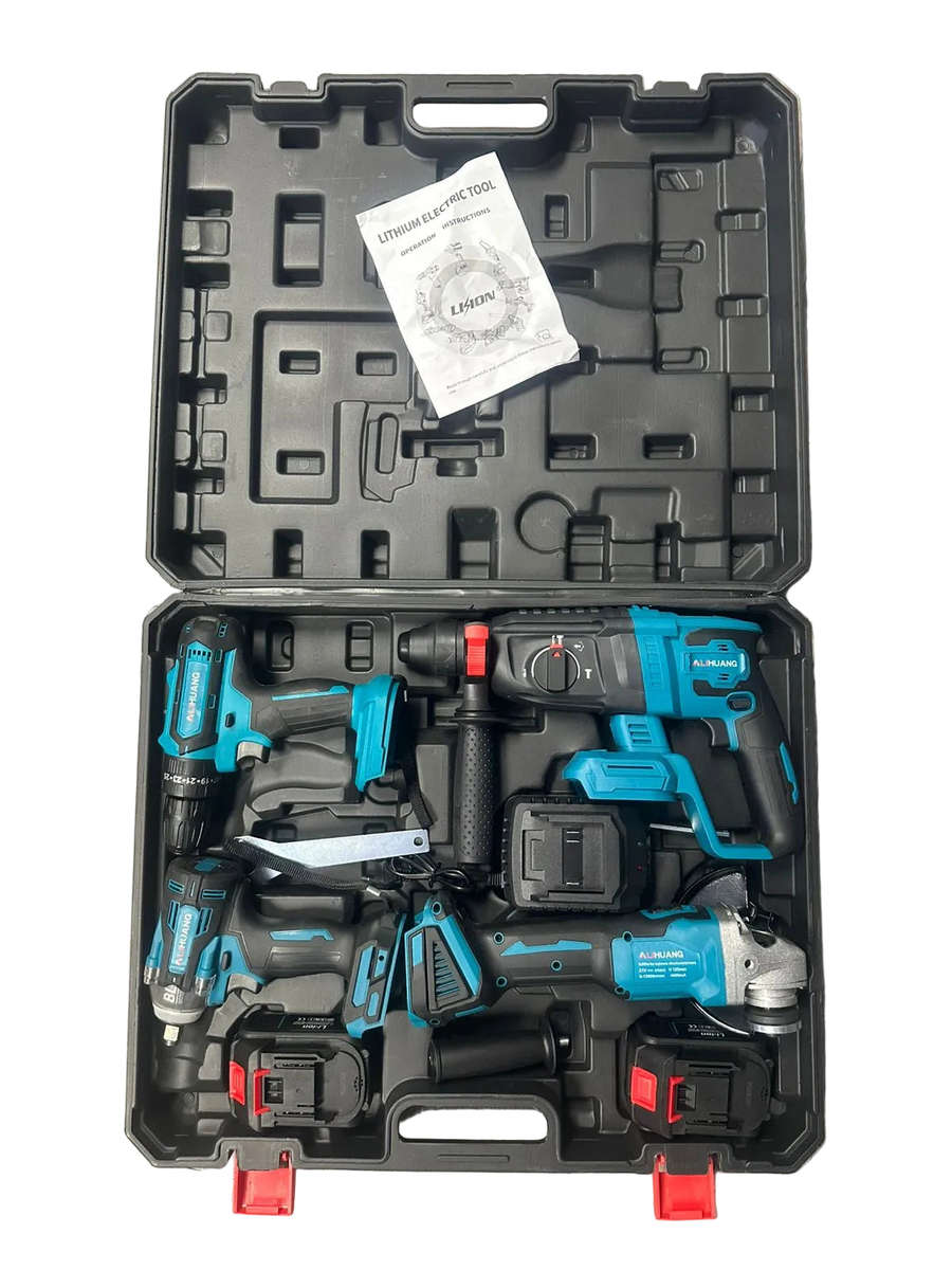 Alihuang Impact Wrench, Angle Grinder, Hammer Drill, Electric Drill + 2x 21V Batteries Tool Set (...