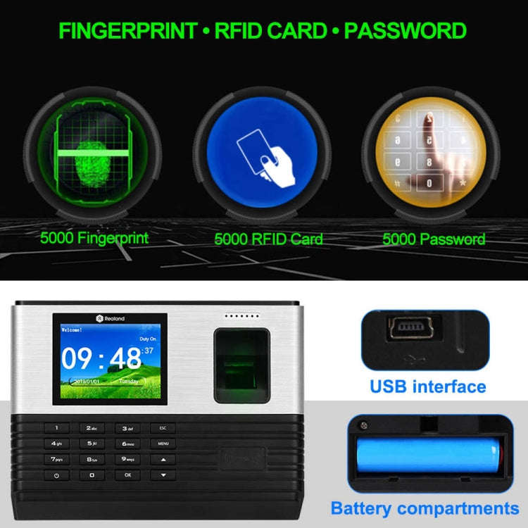 Realand AL355+ Fingerprint Time Attendance with 2.8 inch Color Screen & ID Card Function & WiFi &...