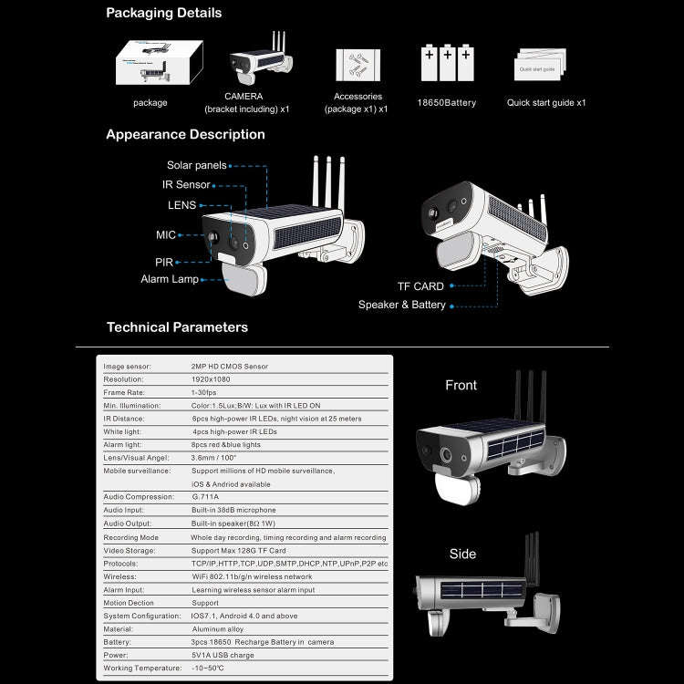 T8 1080P Full HD Solar Battery Ultra Low Power Sound Light Alarm Network Camera, Support Motion D...