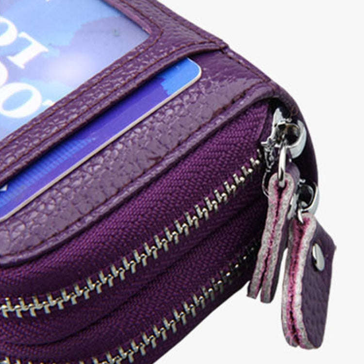 Genuine Leather Dual Layer Zipper Card Holder Wallet RFID Blocking Purse, Size: 10.5x7.0x4.0cm(Pink)