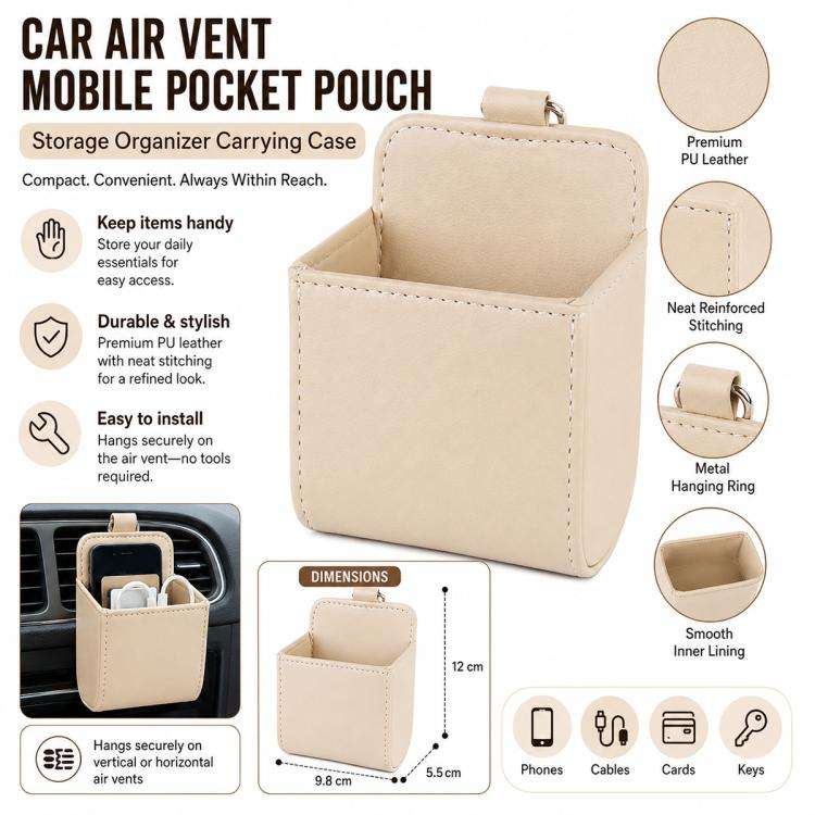Car Air Vent Mobile Cellphone Pocket Bag Pouch Box Storage Organizer Carrying Case(Khaki)
