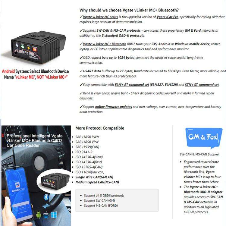 Vgate VLINKER MC+ V2.2 Bluetooth 4.0 Car OBD Fault Diagnosis Detector