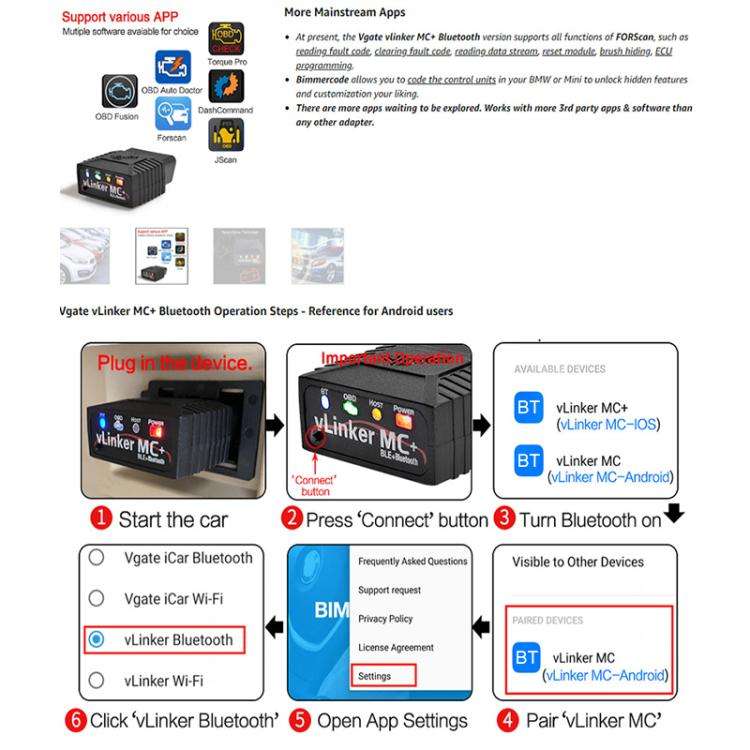 Vgate VLINKER MC+ V2.2 Bluetooth 4.0 Car OBD Fault Diagnosis Detector