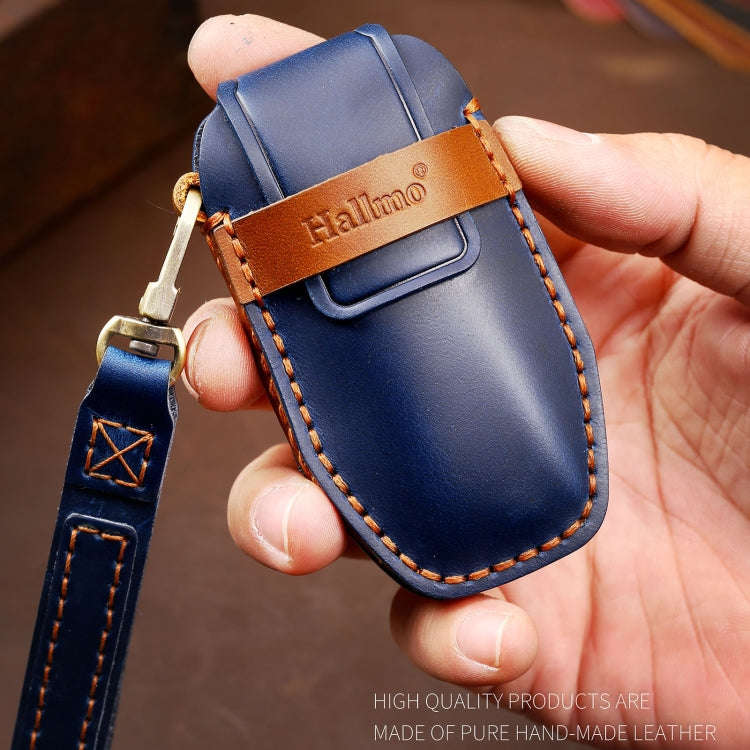 Hallmo Car Cowhide Leather Key Protective Cover Key Case for BYD(Blue)
