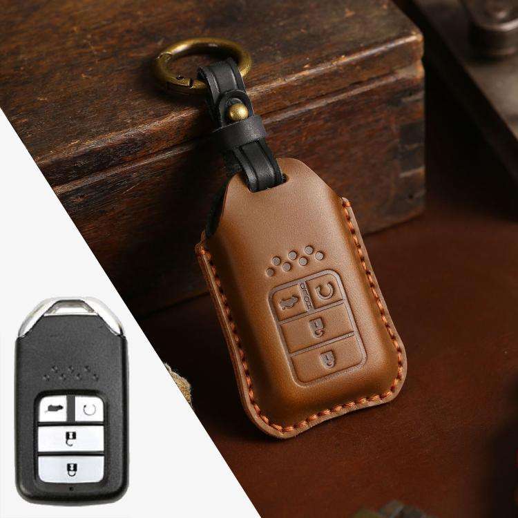 For Honda Car Cowhide Leather Key Protective Cover Key Case, Four Keys Version (Brown)