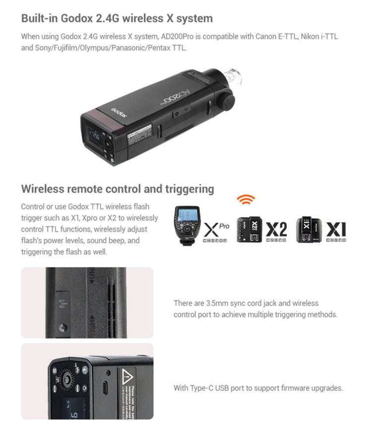 Godox AD200 Pro Pocket Flash Light  TTL HSS 2.4G Wireless X System Outdoor Flash Speedlight(US Plug)