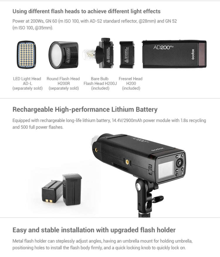 Godox AD200 Pro Pocket Flash Light  TTL HSS 2.4G Wireless X System Outdoor Flash Speedlight(EU Plug)