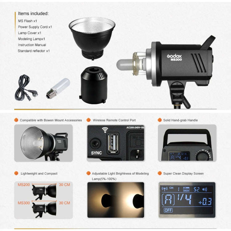 Godox MS300 Studio Flash Light 300Ws Bowens Mount Studio Speedlight with Cover(AU Plug)
