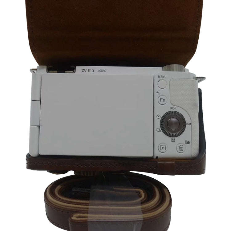Full Body Camera PU Leather Case Bag for Sony ZV-E10 (Brown)