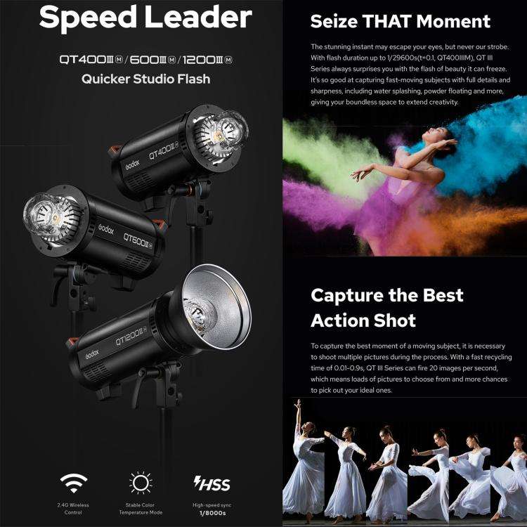 Godox QT1200III Quicker Studio Flash Light 1200Ws Bowens Mount High Speed Flash (UK Plug)