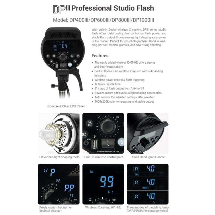 Godox DP800III Studio Flash Photo Light 800Ws 2.4G Wireless X System Bowens Mount Strobe Light, N...