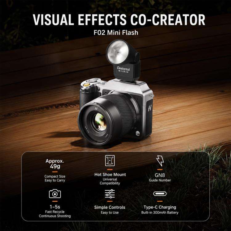 Desiontal F02 Mini On-Camera Flash Light Speedlite for Mirrorless Cameras (Black)