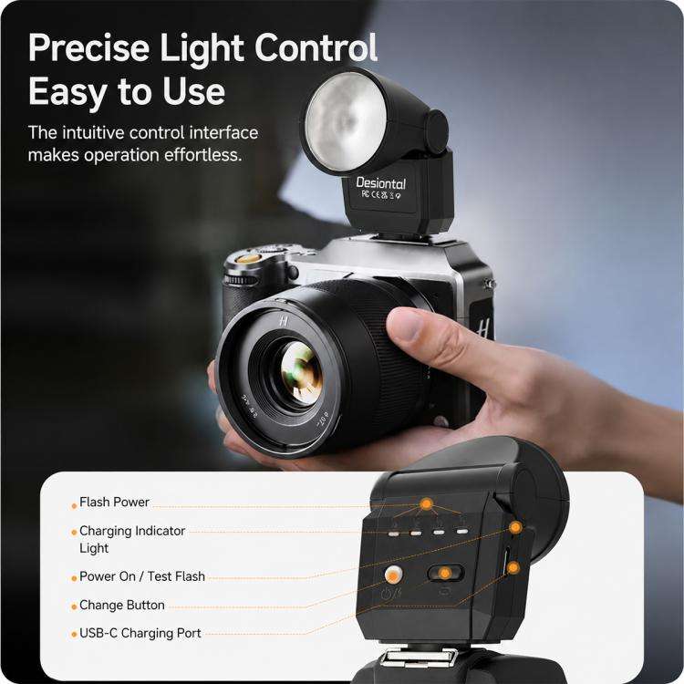 Desiontal F02 Mini On-Camera Flash Light Speedlite for Mirrorless Cameras (Black)