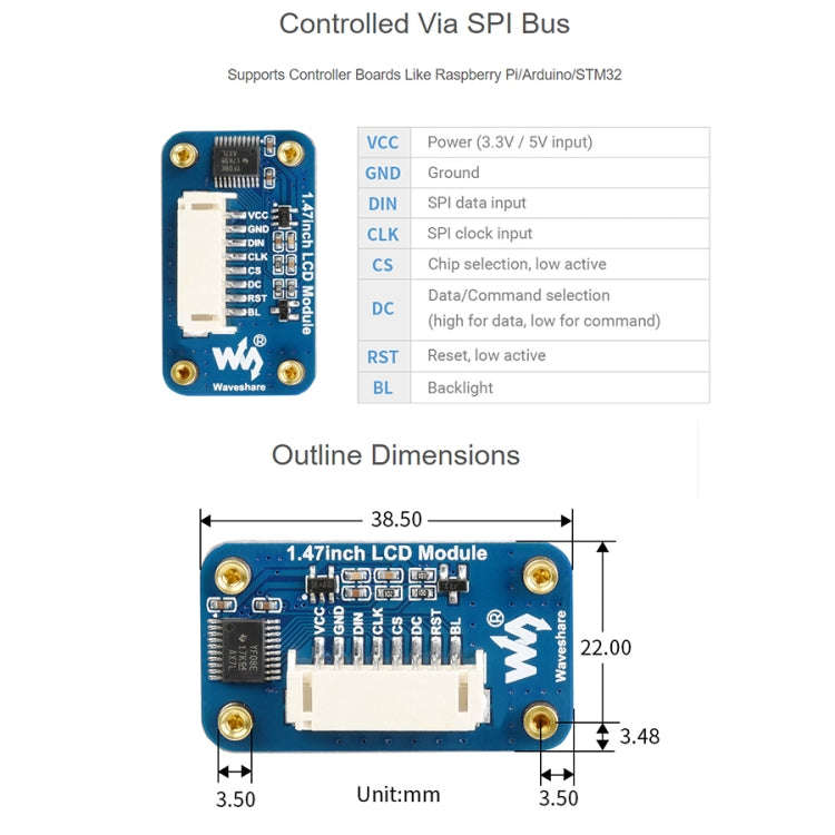 WAVESHARE 1.47 inch LCD Display Module, Rounded Corners, 172 x 320 Resolution, SPI Interface