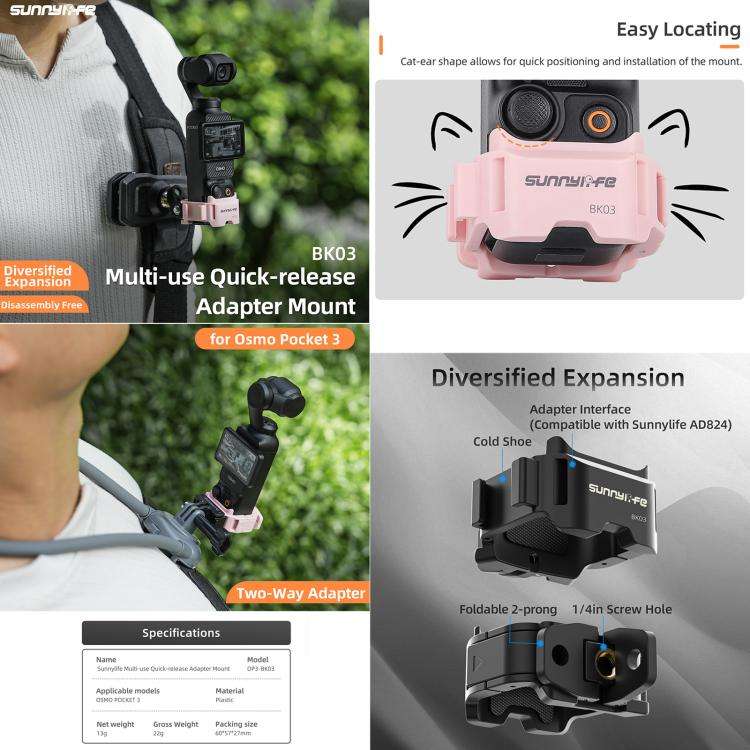 For DJI OSMO Pocket 4 / 3 Sunnylife Quick Release Adapter Mount Frame Two-Way Adapter Expansion S...