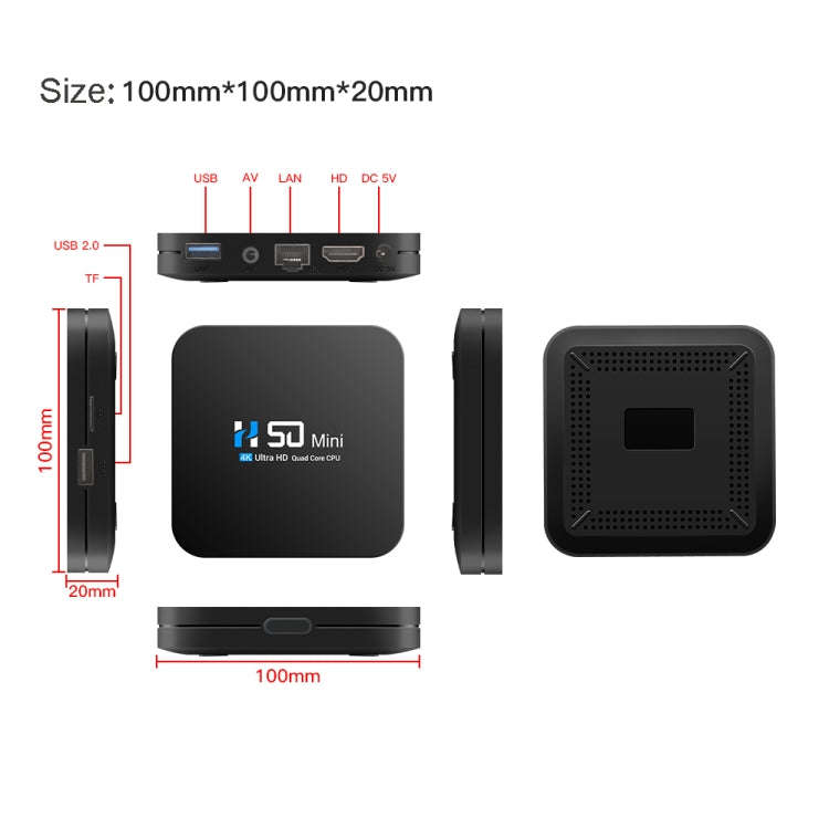H50 Mini 4K Smart Network TV Box, Android 10.0, RK3318 Quad Core, 2GB+16GB, US Plug