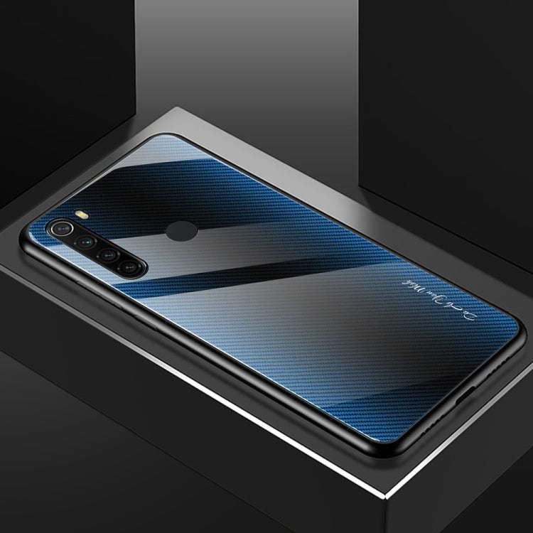 For Xiaomi Redmi Note 8 Carbon Fiber Texture Gradient Color Glass Case(Blue)