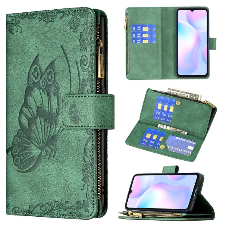 For Xiaomi Redmi 9A Flying Butterfly Embossing Pattern Zipper Horizontal Flip Leather Case with H...
