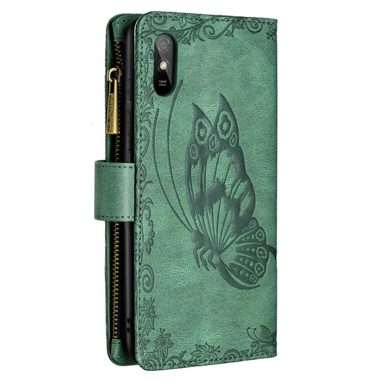 For Xiaomi Redmi 9A Flying Butterfly Embossing Pattern Zipper Horizontal Flip Leather Case with H...