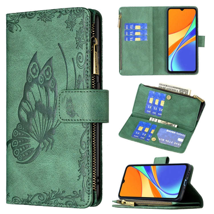 For Xiaomi Redmi 9C Flying Butterfly Embossing Pattern Zipper Horizontal Flip Leather Case with H...