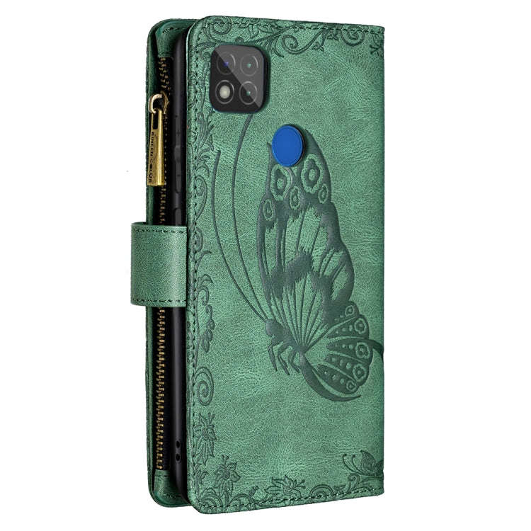 For Xiaomi Redmi 9C Flying Butterfly Embossing Pattern Zipper Horizontal Flip Leather Case with H...