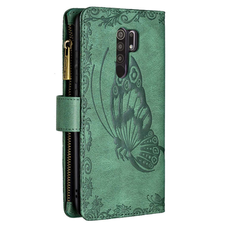 For Xiaomi Redmi 9 Flying Butterfly Embossing Pattern Zipper Horizontal Flip Leather Case with Ho...