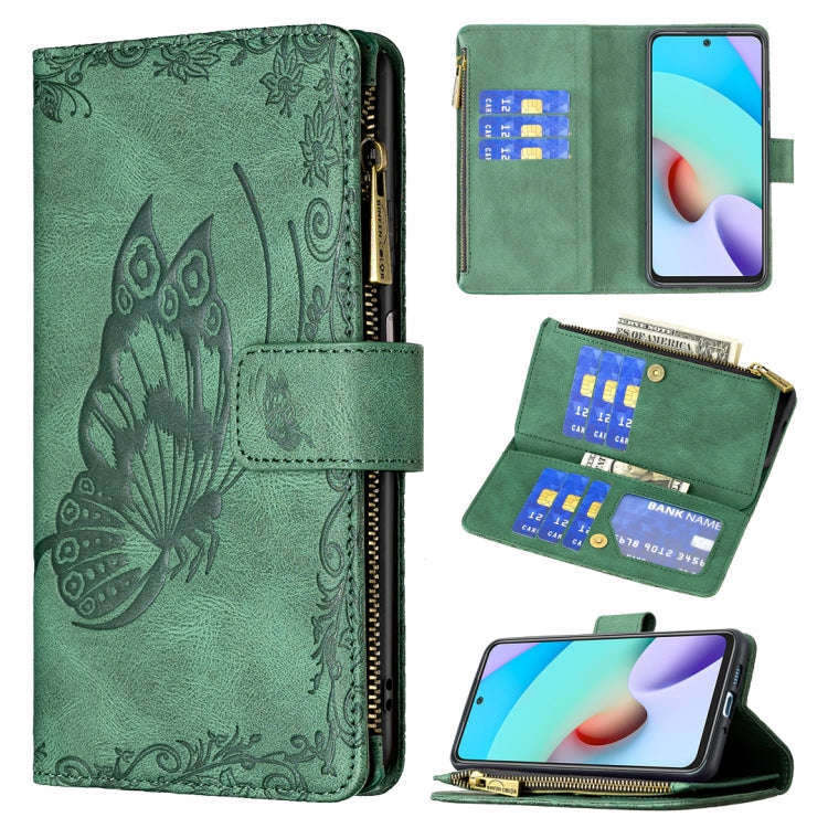 For Xiaomi Redmi 10 Flying Butterfly Embossing Pattern Zipper Horizontal Flip Leather Case with H...
