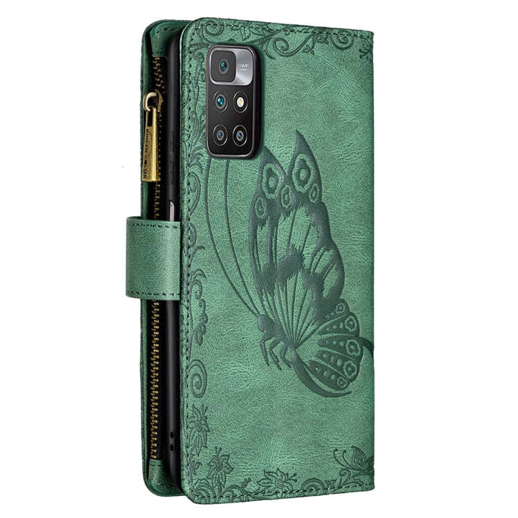 For Xiaomi Redmi 10 Flying Butterfly Embossing Pattern Zipper Horizontal Flip Leather Case with H...