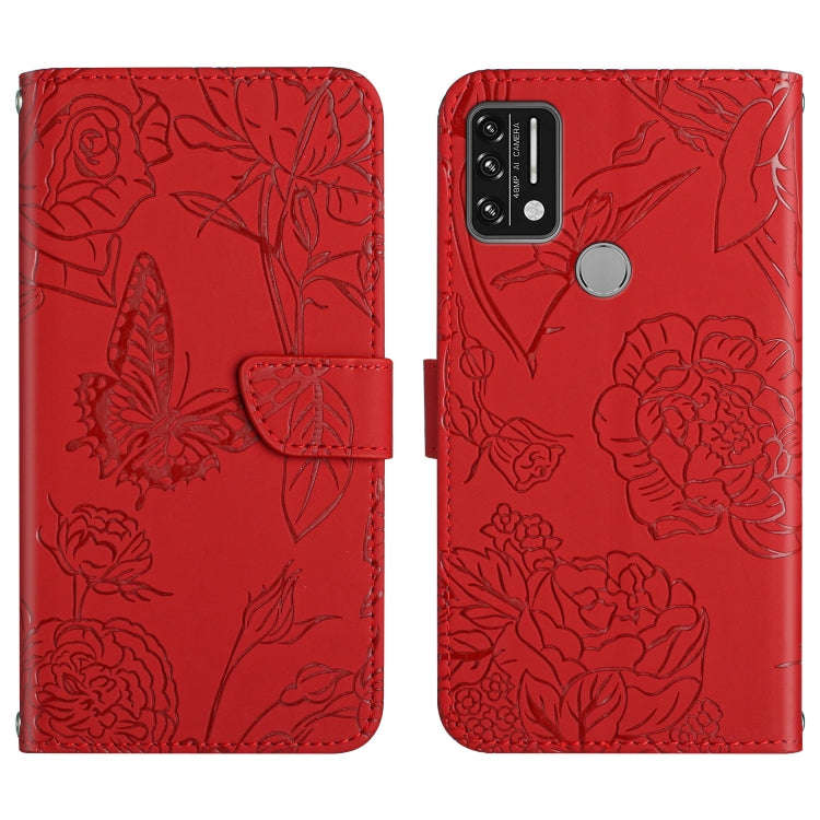 For Umidigi A7 Pro Skin Feel Butterfly Peony Embossed Leather Phone Case(Red)