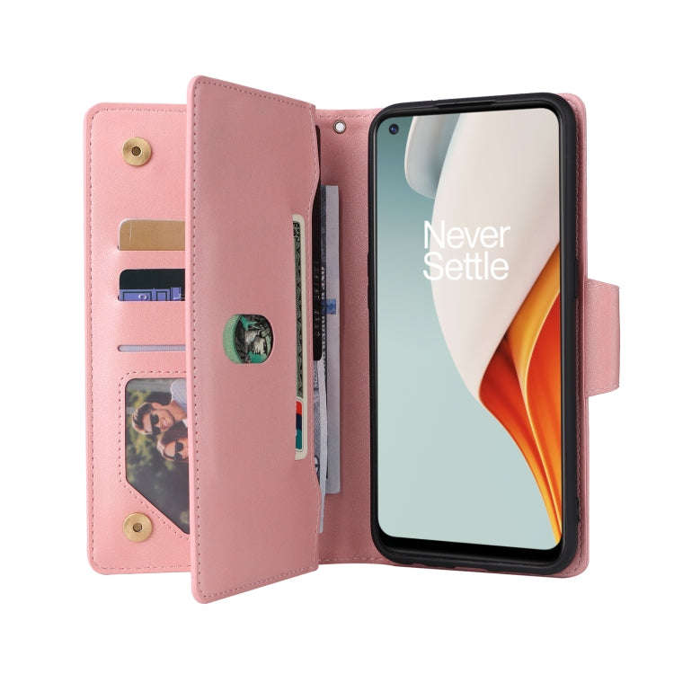 For OnePlus Nord N100 Rivet Buckle 9 Cards Three Fold Leather Phone Case(Rose Gold)