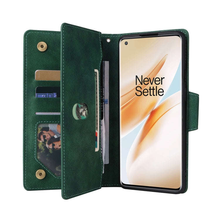 For OnePlus 8 Pro Rivet Buckle 9 Cards Three Fold Leather Phone Case(Green)