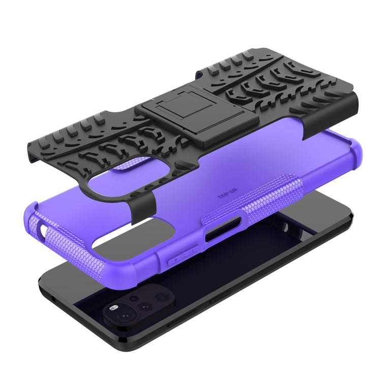 For Motorola Moto G22/E32 Tire Texture TPU + PC Phone Case with Holder(Purple)