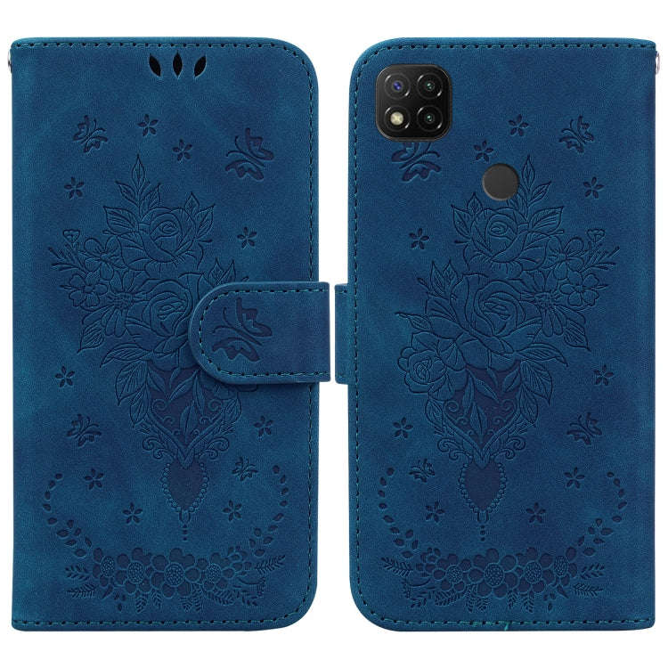 For Xiaomi Redmi 9C Butterfly Rose Embossed Leather Phone Case(Blue)