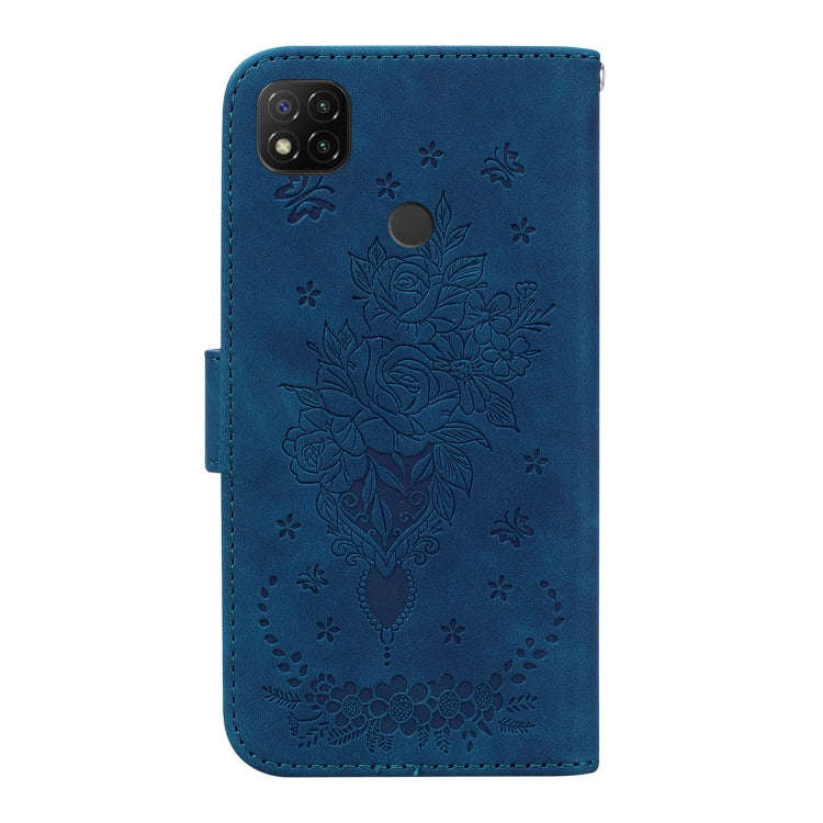 For Xiaomi Redmi 9C Butterfly Rose Embossed Leather Phone Case(Blue)