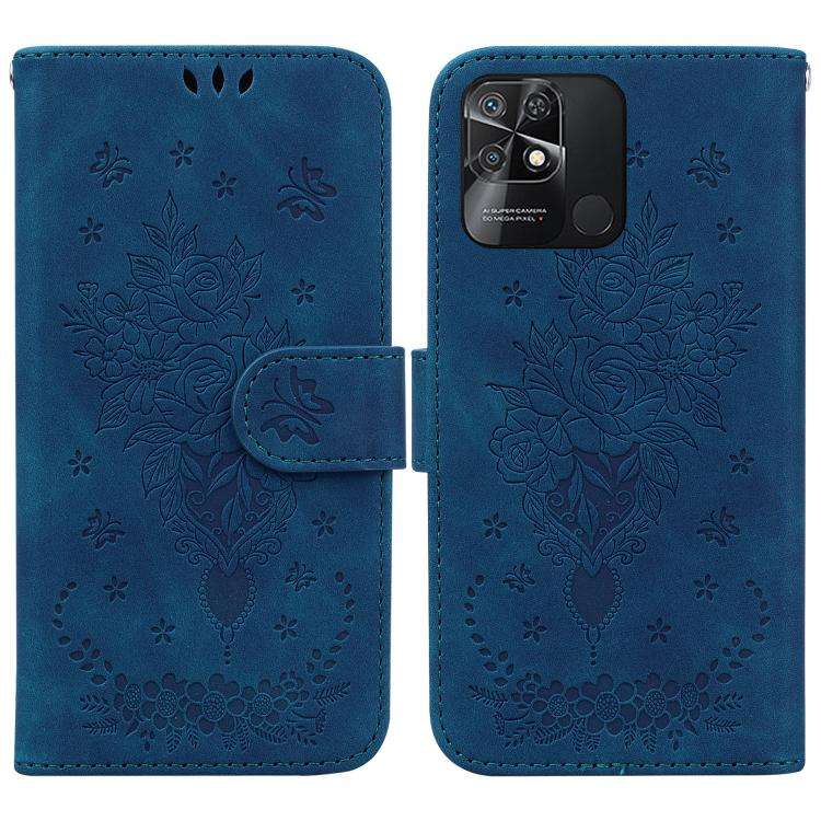 For Xiaomi Redmi 10C Butterfly Rose Embossed Leather Phone Case(Blue)