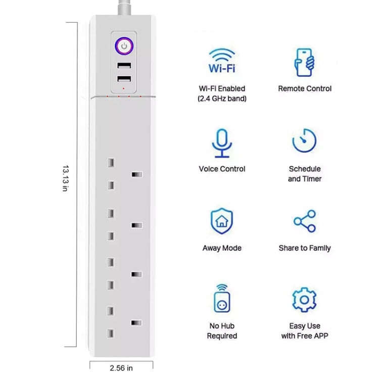 WiFi 16A SM-SO306-K 4 Holes + 2 USB Multi-purpose Smart Power Strip, UK Plug