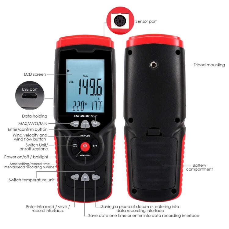 GT8913 Handheld Digital LCD Hot Wire Anemometer, Battery Not Included