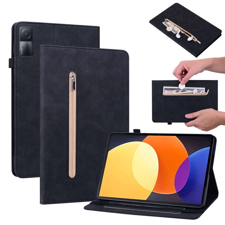 For Xiaomi Redmi Pad Skin Feel Solid Color Zipper Leather Tablet Case(Black)