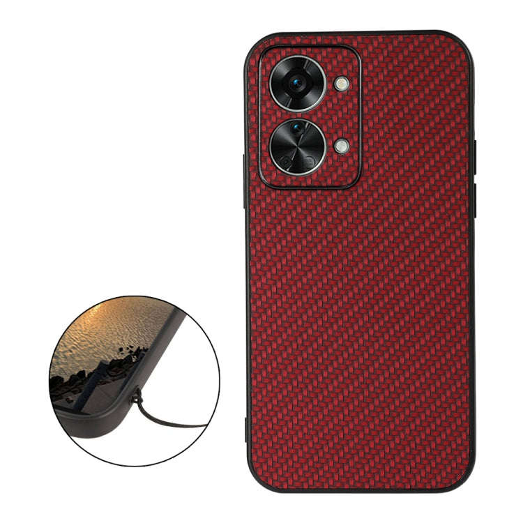 For OnePlus Nord 2T Accurate Hole Carbon Fiber Texture PU Phone Case(Red)