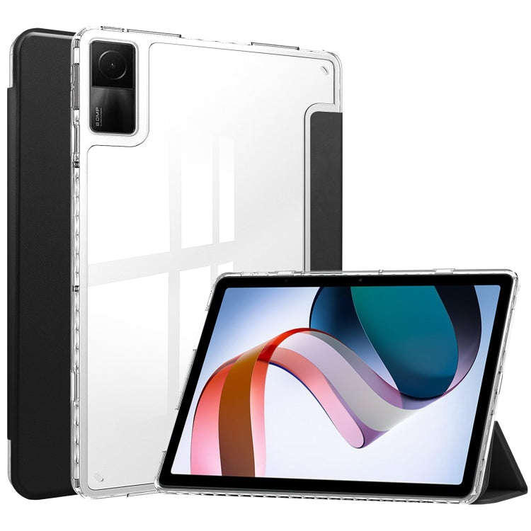 For Xiaomi Redmi Pad 10.6 3-Fold Clear Back Cover Leather Smart Tablet Case(Black)